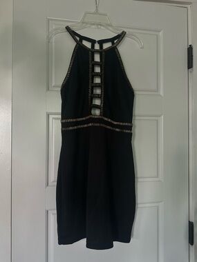 Guess Black Halter Dress with Gold Beaded Trim